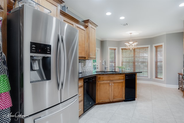 2228 Grapevine Ln, Haughton, LA 71037 - kitchen with stainless steel fridge with ice dispenser, dishwasher, a sink, a chandelier, and dark countertops