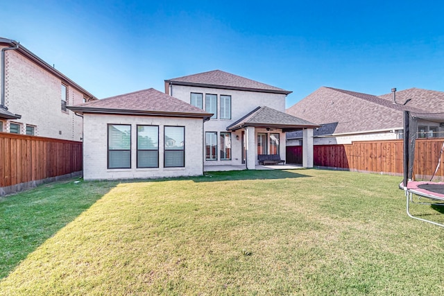 3932 Linear, Celina, TX 75078 - rear view of house featuring a trampoline, a patio, a ceiling fan, and roof with shingles