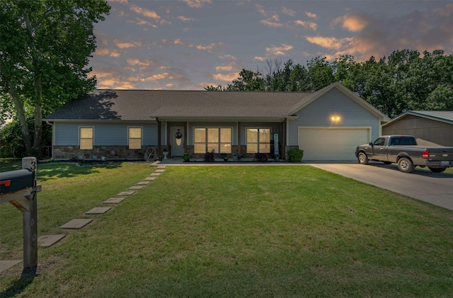 3407 Holbrook Rd, Springtown, TX 76082 - view of front of home with driveway, an attached garage, a front yard, stone siding, and roof with shingles