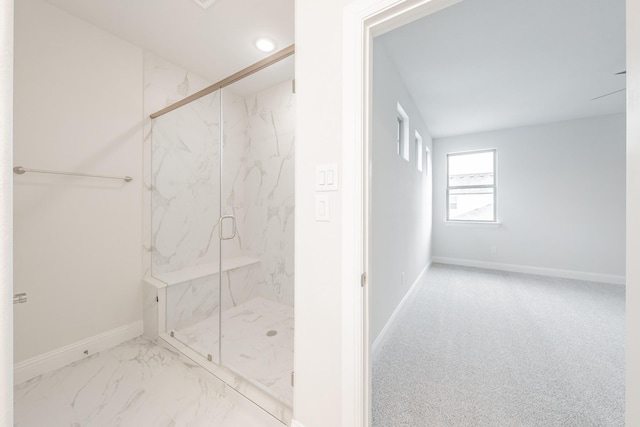 9709 Thorncrown Ln, Fort Worth, TX 76179 - bathroom with a marble finish shower, baseboards, marble finish flooring, and recessed lighting