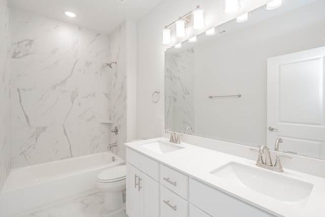 9709 Thorncrown Ln, Fort Worth, TX 76179 - full bathroom with toilet, bathtub / shower combination, double vanity, marble finish floors, and recessed lighting