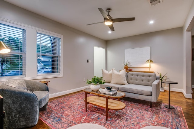 1300 Mountain Lake Rd, Dallas, TX 75224 - living area with a ceiling fan, baseboards, wood finished floors, and recessed lighting