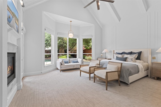 5916 Orchard Park Dr, Frisco, TX 75034 - carpeted bedroom featuring high vaulted ceiling, a premium fireplace, beam ceiling, baseboards, and a ceiling fan