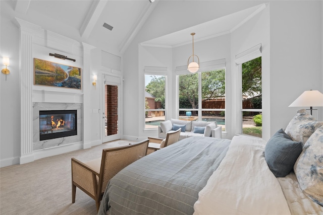 5916 Orchard Park Dr, Frisco, TX 75034 - bedroom with beamed ceiling, high vaulted ceiling, carpet floors, a high end fireplace, and baseboards