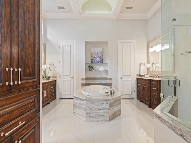 5916 Orchard Park Dr, Frisco, TX 75034 - full bath featuring crown molding, a bath, vanity, tile patterned floors, and walk in shower