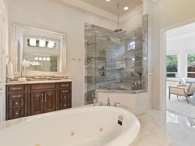 5916 Orchard Park Dr, Frisco, TX 75034 - full bath featuring a shower stall, ornamental molding, a whirlpool tub, and vanity