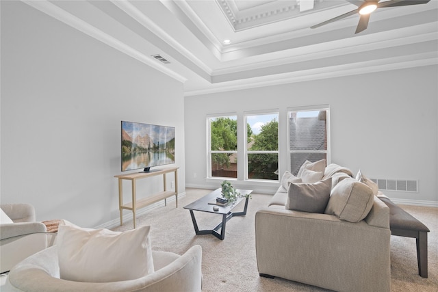 5916 Orchard Park Dr, Frisco, TX 75034 - living area featuring carpet, a raised ceiling, baseboards, a ceiling fan, and crown molding