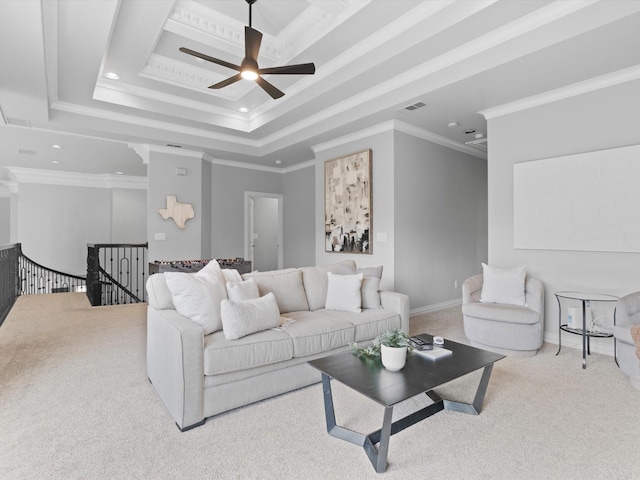 5916 Orchard Park Dr, Frisco, TX 75034 - living area featuring carpet flooring, a ceiling fan, recessed lighting, ornamental molding, and a raised ceiling