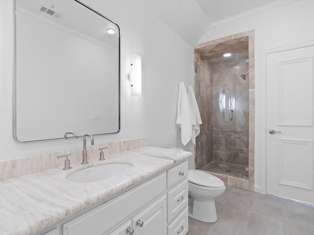 5916 Orchard Park Dr, Frisco, TX 75034 - full bathroom with a stall shower, ornamental molding, toilet, vanity, and tile patterned flooring