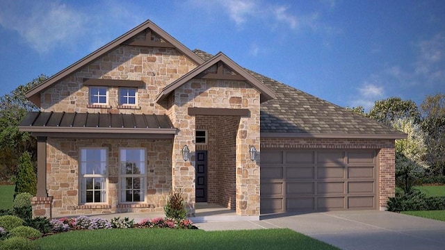 1913 Brindle St, Northlake, TX 76247 - view of front of home featuring driveway, an attached garage, a standing seam roof, and stone siding