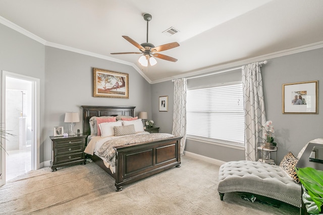 1132 Mount Ln, Rhome, TX 76078 - bedroom featuring crown molding, baseboards, light carpet, vaulted ceiling, and ceiling fan