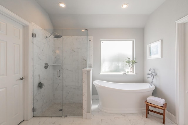 1132 Mount Ln, Rhome, TX 76078 - bathroom featuring marble finish floors, a stall shower, a freestanding tub, recessed lighting, and baseboards