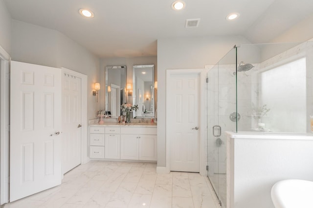 1132 Mount Ln, Rhome, TX 76078 - bathroom with marble finish floors, a shower stall, vanity, recessed lighting, and a tub