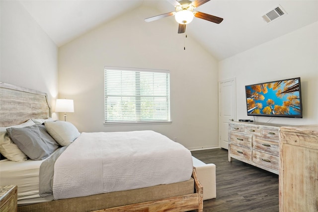 7132 Huckleberry Dr, Mckinney, TX 75070 - bedroom with dark wood-type flooring, high vaulted ceiling, baseboards, and a ceiling fan