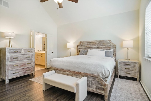 7132 Huckleberry Dr, Mckinney, TX 75070 - bedroom with wood finished floors, high vaulted ceiling, ensuite bathroom, a ceiling fan, and baseboards