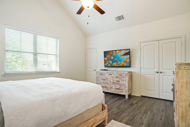 7132 Huckleberry Dr, Mckinney, TX 75070 - bedroom featuring dark wood-style flooring, ceiling fan, and high vaulted ceiling