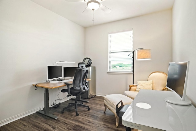 7132 Huckleberry Dr, Mckinney, TX 75070 - home office featuring dark wood-style floors, ceiling fan, and baseboards
