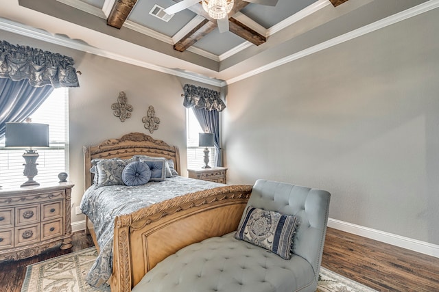 6470 Eyrie Bnd, Waxahachie, TX 75167 - bedroom with coffered ceiling, baseboards, wood finished floors, beam ceiling, and ornamental molding