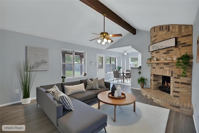 7357 Channel View Dr, Fort Worth, TX 76133 - living room with wood finished floors, a ceiling fan, baseboards, and a fireplace
