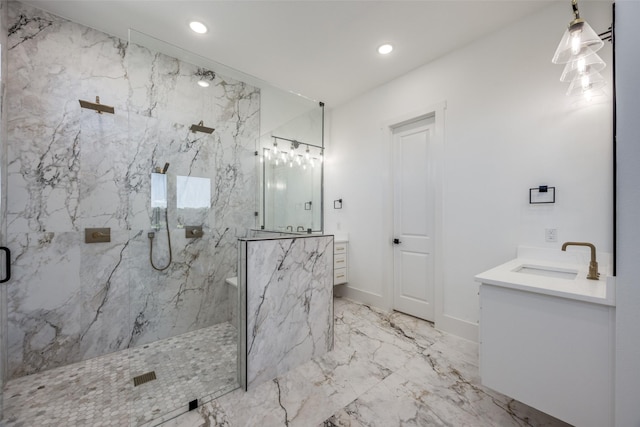 145 Chisolm Trl, Pottsboro, TX 75076 - bathroom with vanity, a marble finish shower, recessed lighting, marble finish flooring, and baseboards