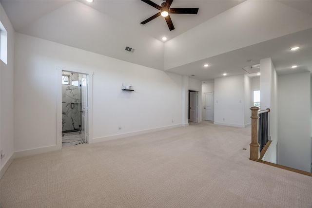 145 Chisolm Trl, Pottsboro, TX 75076 - empty room with light carpet, ceiling fan, recessed lighting, baseboards, and high vaulted ceiling