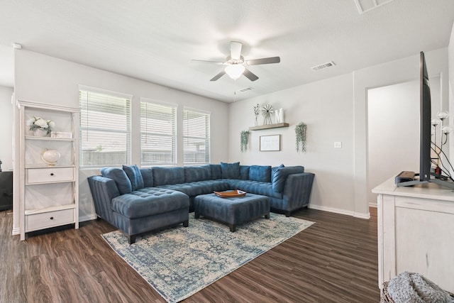 1904 Tomahawk Trl, Aubrey, TX 76227 - living area with a ceiling fan, baseboards, and dark wood finished floors