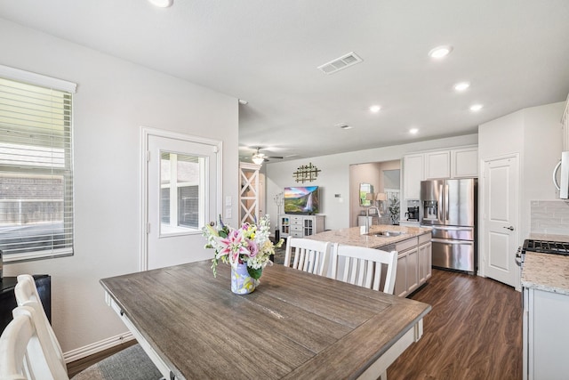 1904 Tomahawk Trl, Aubrey, TX 76227 - dining room with dark wood-style floors, recessed lighting, and ceiling fan