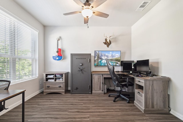 1904 Tomahawk Trl, Aubrey, TX 76227 - home office with dark wood-style flooring, ceiling fan, and baseboards