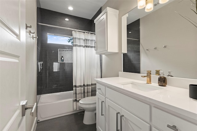 2027 Shaw St, Dallas, TX 75212 - full bath with toilet, vanity, shower / bath combo with shower curtain, recessed lighting, and tile patterned floors