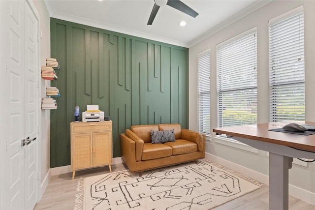 2027 Shaw St, Dallas, TX 75212 - sitting room featuring baseboards, a ceiling fan, crown molding, light wood-style flooring, and recessed lighting