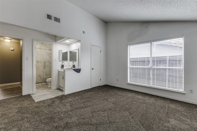 2929 Forest Park Dr, Garland, TX 75040 - unfurnished bedroom with carpet floors, lofted ceiling, a textured ceiling, connected bathroom, and baseboards