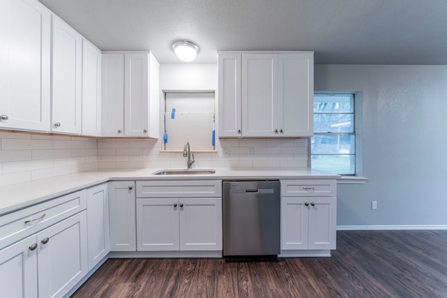 1725 Camara Ct, Grand Prairie, TX 75051 - kitchen featuring dishwasher, a sink, decorative backsplash, and dark wood finished floors