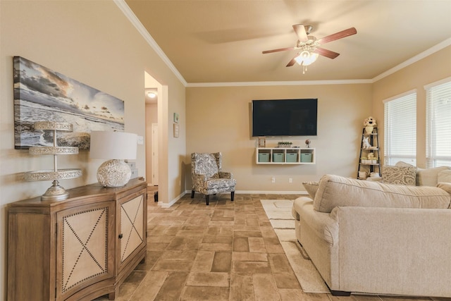 7314 Boulder Star Way, Temple, TX 76502 - living area featuring ceiling fan, ornamental molding, baseboards, and light stone finish floors