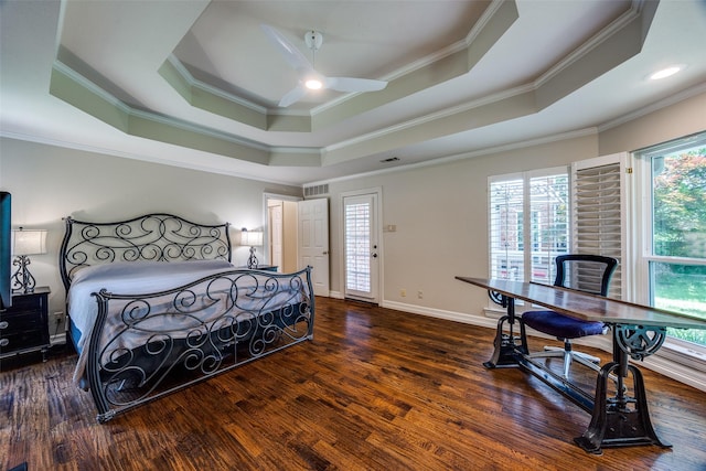 7207 Abrams Place Ct, Dallas, TX 75231 - bedroom with a raised ceiling, ornamental molding, wood finished floors, a desk, and baseboards