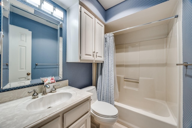 7207 Abrams Place Ct, Dallas, TX 75231 - bathroom with toilet, vanity, wallpapered walls, and shower / bath combo with shower curtain