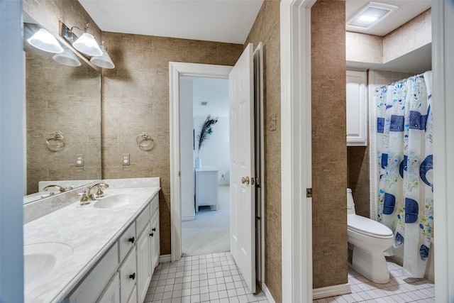 7207 Abrams Place Ct, Dallas, TX 75231 - bathroom with tile patterned floors, toilet, double vanity, and a shower with shower curtain