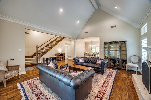 7207 Abrams Place Ct, Dallas, TX 75231 - living area with stairs, a chandelier, beam ceiling, wood finished floors, and ornamental molding