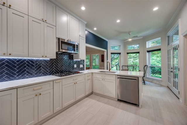 7207 Abrams Place Ct, Dallas, TX 75231 - kitchen featuring appliances with stainless steel finishes, a sink, ornamental molding, a peninsula, and ceiling fan