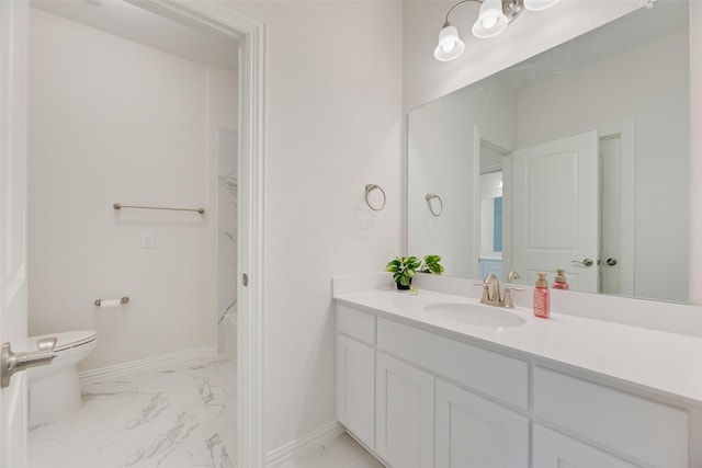 11130 Villa Canales Ln, Frisco, TX 75035 - bathroom with marble look tile flooring, toilet, vanity, baseboards, and shower / tub combination