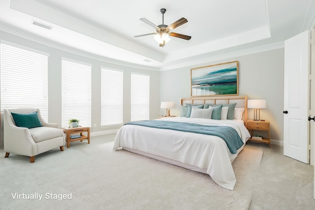 713 Calm Crest Dr, Rockwall, TX 75087 - bedroom featuring a tray ceiling, light colored carpet, ornamental molding, and baseboards