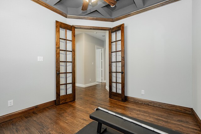 713 Calm Crest Dr, Rockwall, TX 75087 - spare room with french doors, coffered ceiling, baseboards, wood finished floors, and ornamental molding