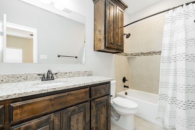 713 Calm Crest Dr, Rockwall, TX 75087 - bathroom featuring toilet, shower / bath combo with shower curtain, vanity, and tile patterned flooring