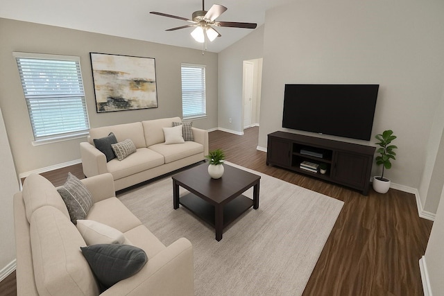 7305 Moon Ridge Ct, Fort Worth, TX 76133 - living room with dark wood-style floors, baseboards, ceiling fan, and lofted ceiling