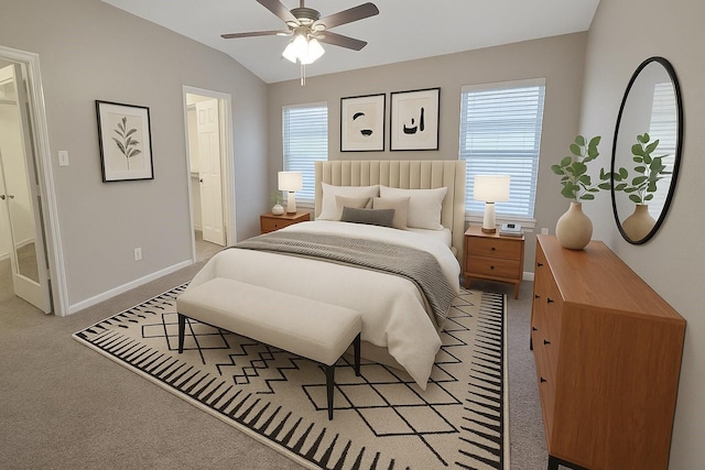 7305 Moon Ridge Ct, Fort Worth, TX 76133 - bedroom featuring multiple windows, lofted ceiling, baseboards, light carpet, and ensuite bathroom