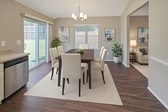 7305 Moon Ridge Ct, Fort Worth, TX 76133 - dining room featuring a chandelier, healthy amount of natural light, dark wood-style floors, and lofted ceiling