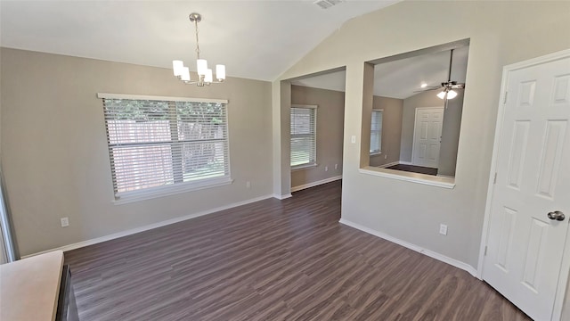 7305 Moon Ridge Ct, Fort Worth, TX 76133 - unfurnished dining area with lofted ceiling, dark wood-style flooring, a chandelier, ceiling fan, and baseboards