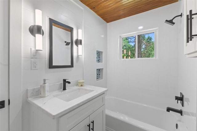 401 Tangle Dr, Tool, TX 75143 - bathroom with wood ceiling, vanity, and tub / shower combination