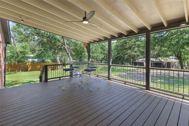 401 Tangle Dr, Tool, TX 75143 - wooden terrace featuring a ceiling fan and view of wooded area