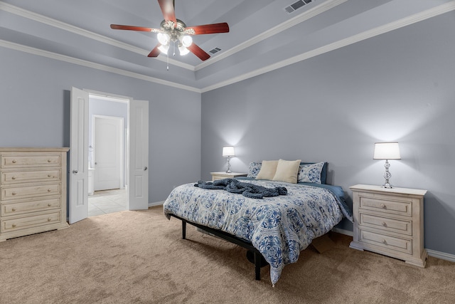 1730 Monaco Dr, Allen, TX 75002 - bedroom featuring light colored carpet, ornamental molding, baseboards, ceiling fan, and a tray ceiling