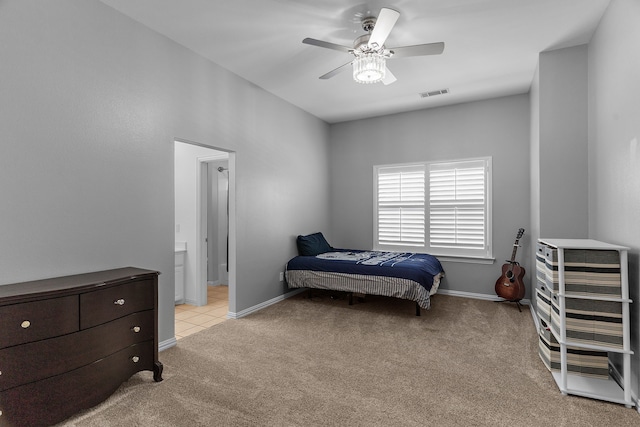 1730 Monaco Dr, Allen, TX 75002 - bedroom featuring light carpet, baseboards, ceiling fan, and ensuite bathroom